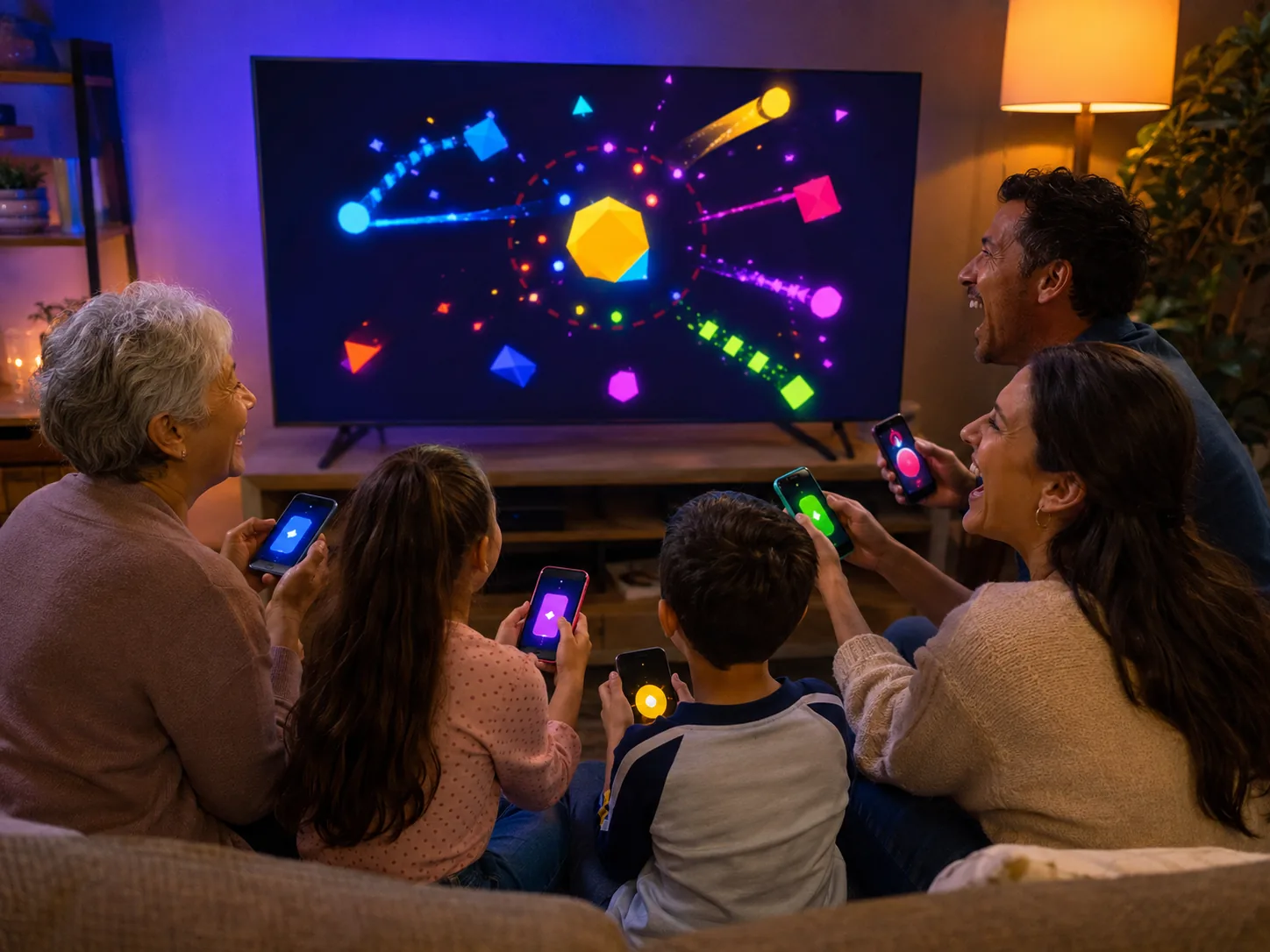 A multigenerational family watches a colorful party game on the TV while using phones as controllers