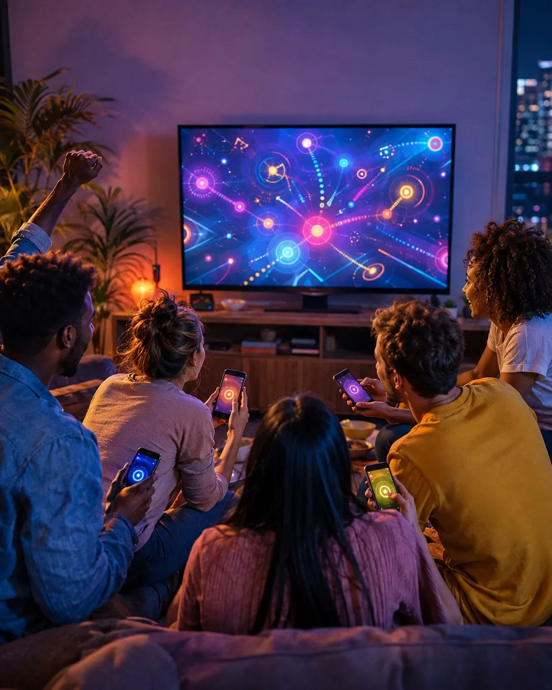Friends use their phones as controllers while watching a colorful party game on the TV