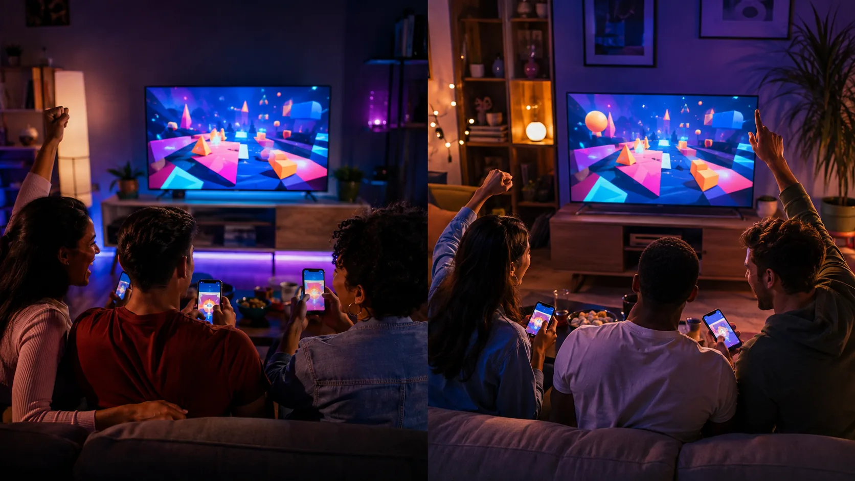Two groups in different homes watch the same colorful party game on their televisions